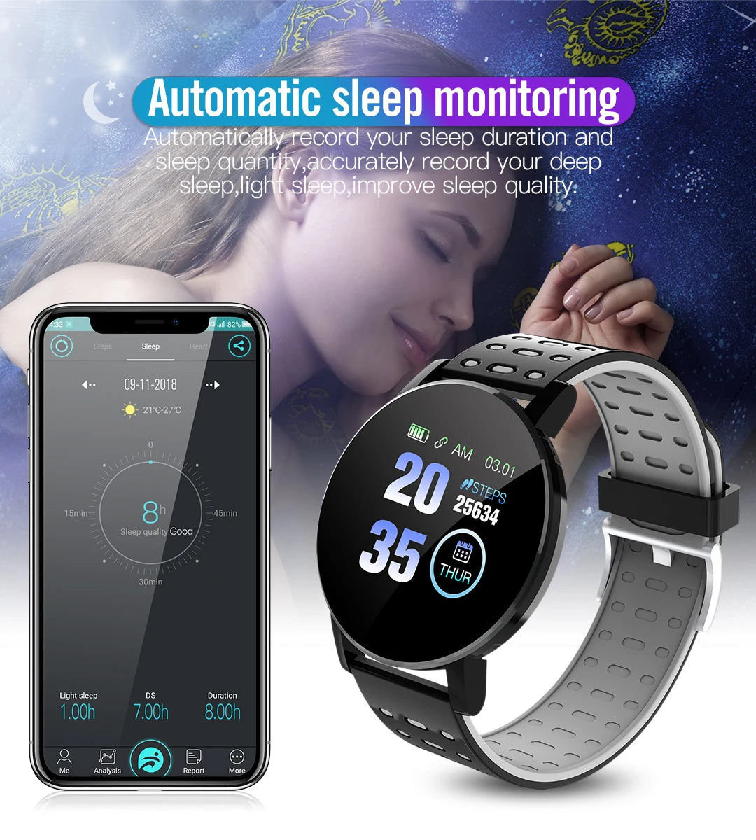 119S Smartwatch Bluetooth  Blood Pressure Smart Band Sports Fitness Tracker Watch For Android/IOS